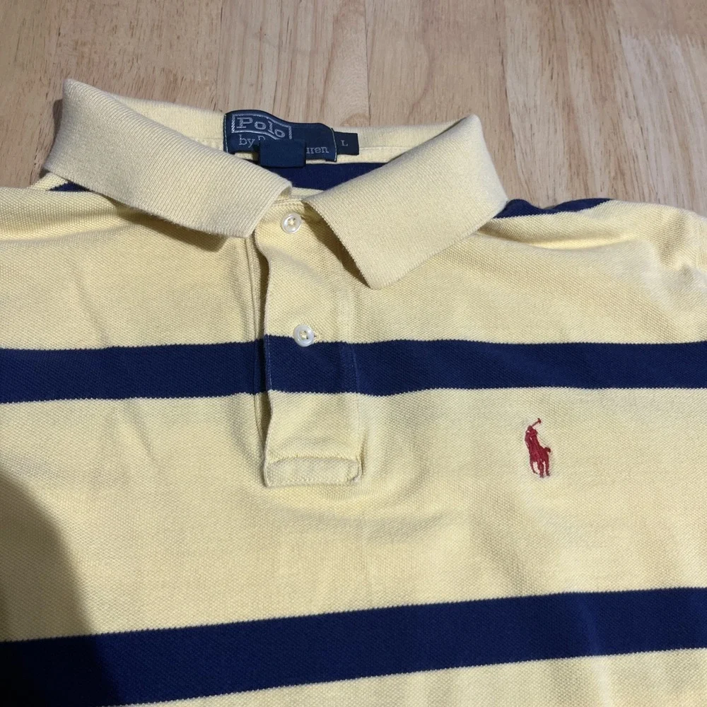 Ralph Lauren Polo Shirt Mens Large L Yellow Red‎ Pony Navy Striped Vintage